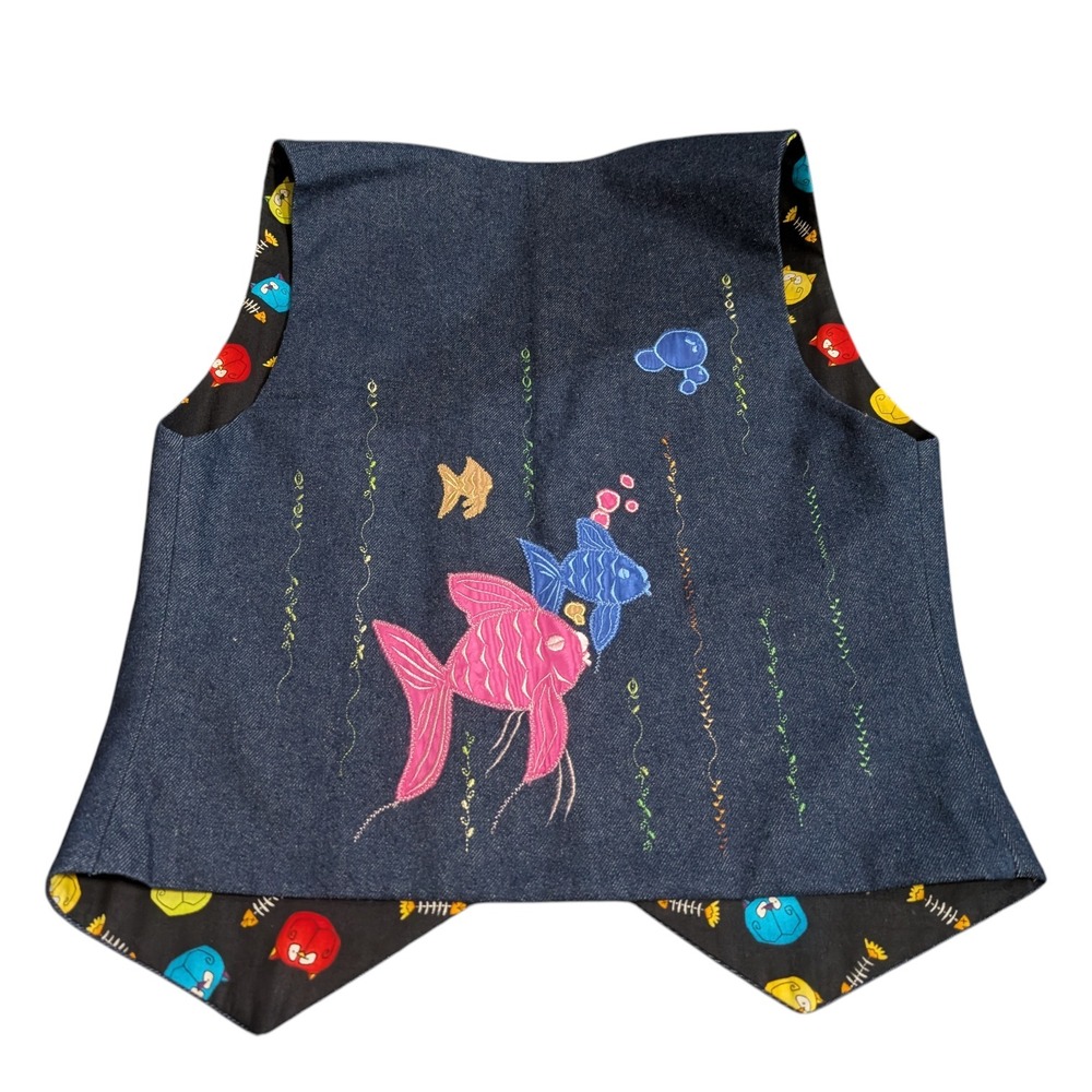 Handmade Reversible Denim Vest Embroidered Fish Cottagecore Teacher Style Size S